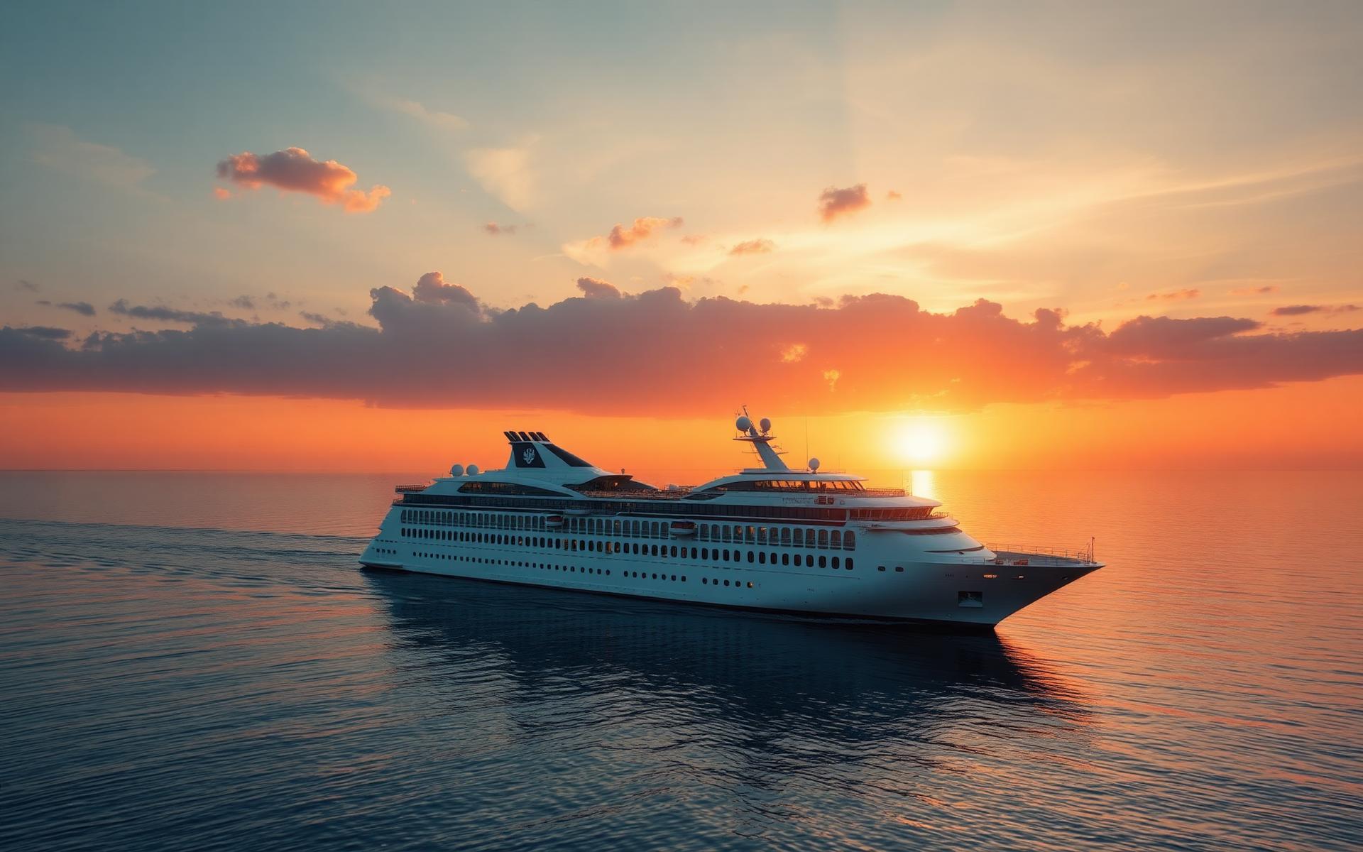 Luxury cruise ship sailing at sunset